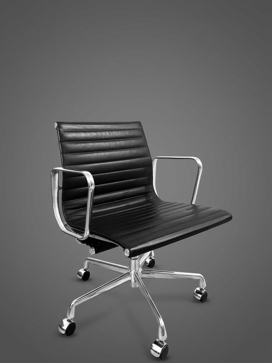 Authentic Herman Miller Eames Aluminum Group Chair EA117 – Black Leather Chrome